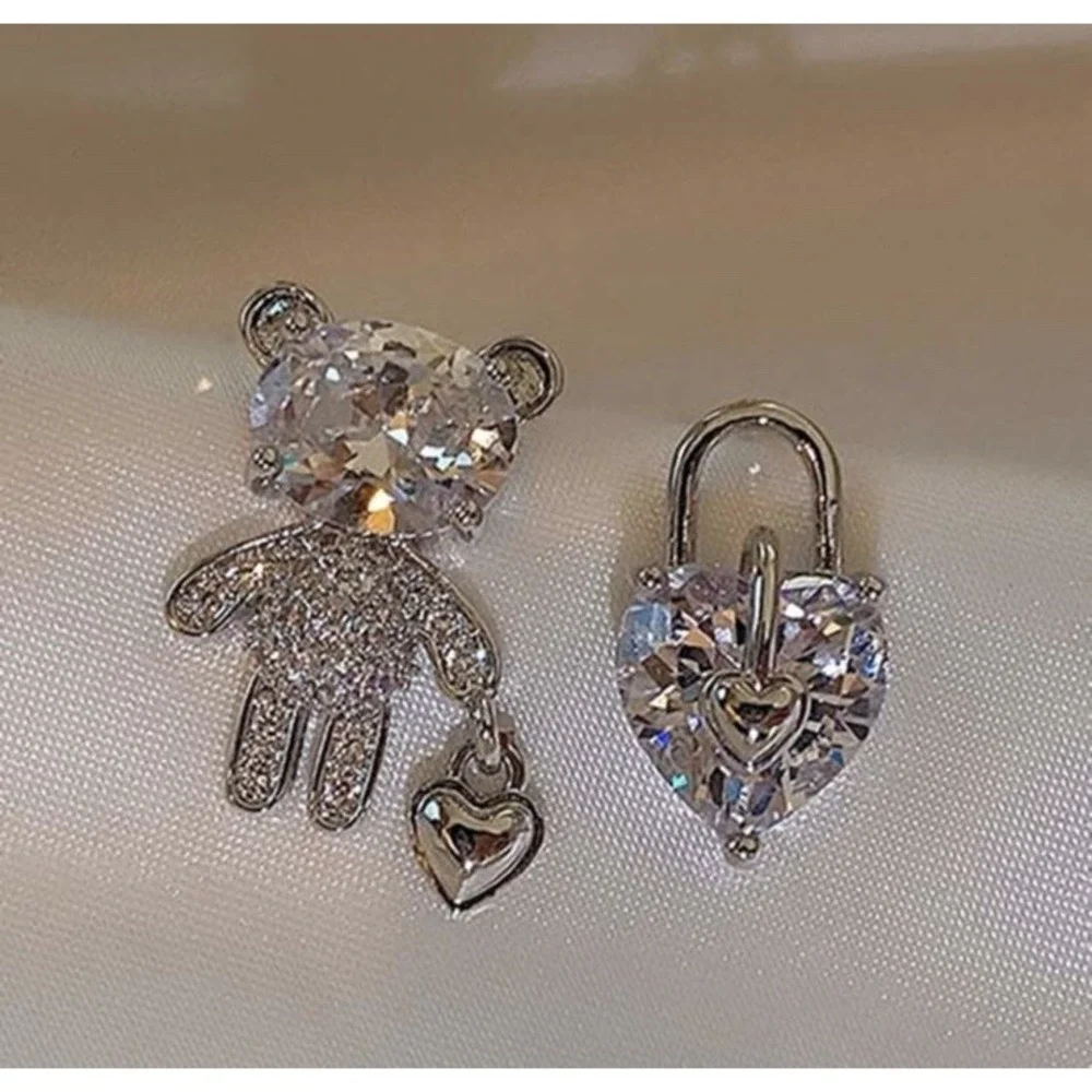 Heart & Bear Statement‎ Stud Earrings Asymmetrical Silver Accent Fine Jewelry